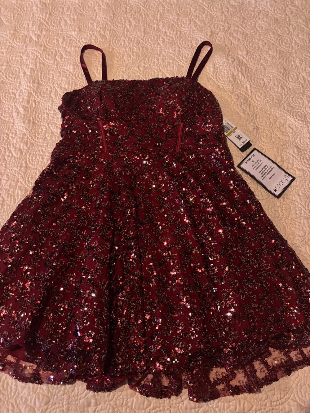Macy's Burgundy Sequin Spaghetti Strap Party Dress